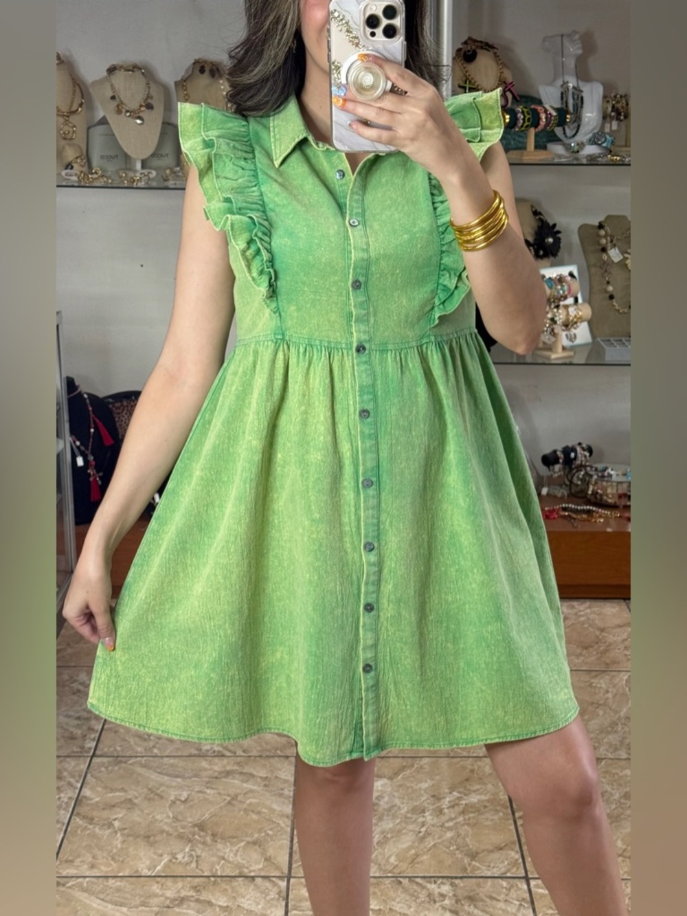 Umgee Lime Green Ruffle-Sleeve Button Front Mini Dress